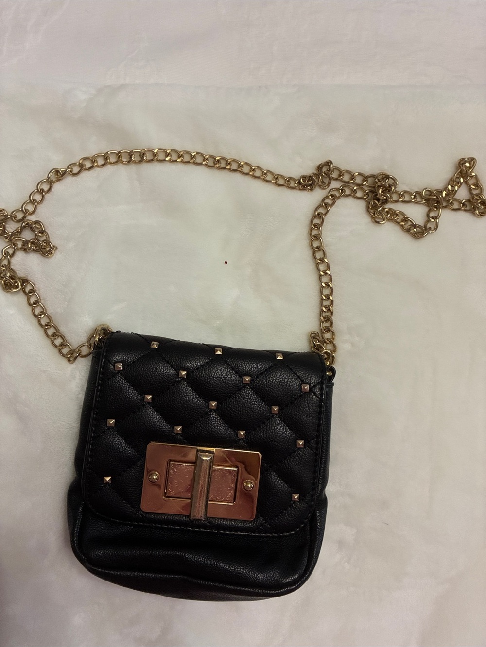 Black Quilted Studded Crossbody Bag with Gold Chain